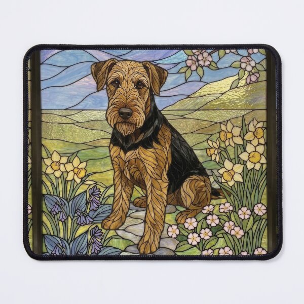 Item preview, Airedale Terrier Stained Glass Art - Spring Flowers & Daffodils designed and sold by pinkal.