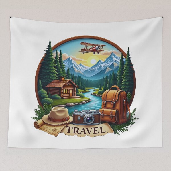 Item preview, Vintage Travel Adventure Mountains Cabin and Classic Biplane designed and sold by GabeMountainArt.