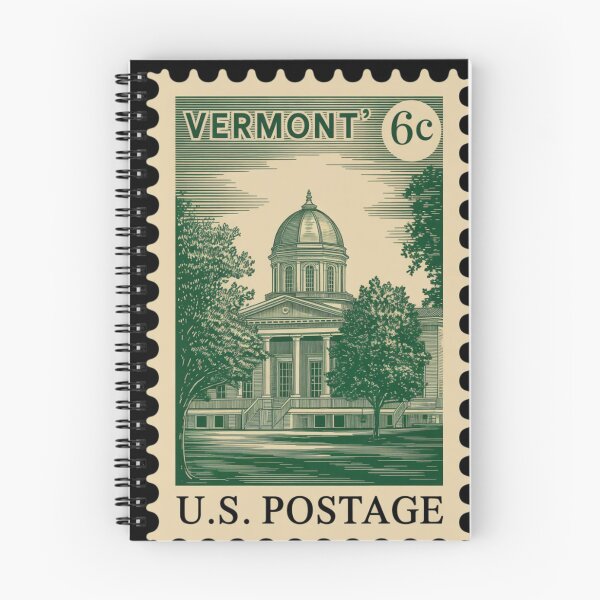 Item preview, Vintage U.S. postage stamp illustration in monochrome engraved woodcut style, the Vermont State House in Montpellier designed and sold by 123ks.