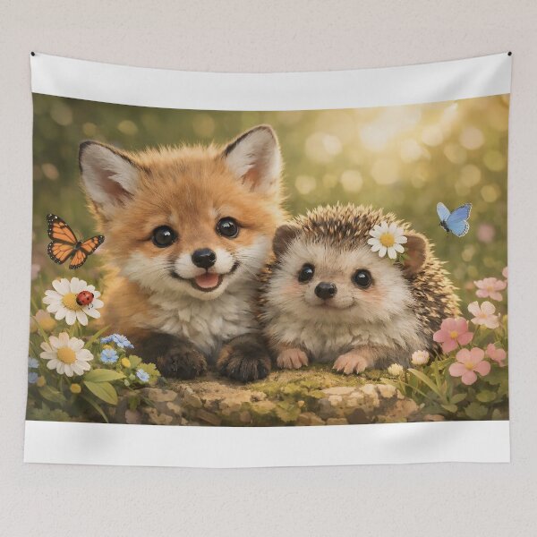 Item preview, Cute little fox and hedgehog in a flower meadow designed and sold by Fotografin1981.