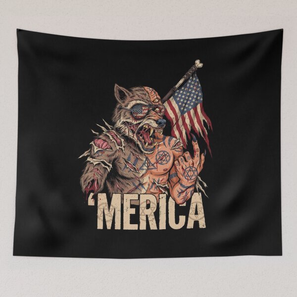 Item preview, 'Merica Savage Wolf Rock Fist Flag Design v2 designed and sold by DarylWelsh2024.