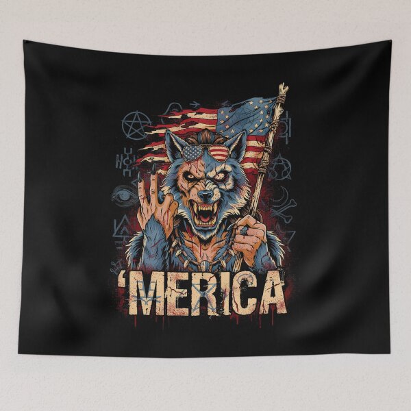 Item preview, 'Merica Savage Wolf Rock Fist Flag Design v4 designed and sold by DarylWelsh2024.
