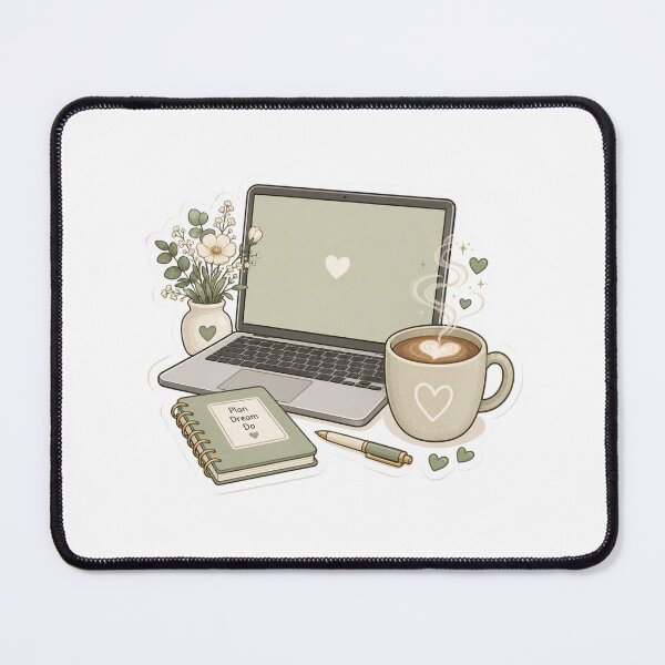 Item preview, Cozy Sage Green Workspace – Plan Dream Do Laptop Coffee & Flowers designed and sold by GozdeSoftChaos.