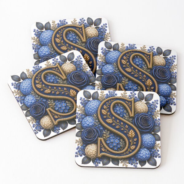 Item preview, Elegant Letter S Monogram with Blue Hydrangeas & Gold Botanical Design | Luxury Floral Initial Art designed and sold by MoodLay.