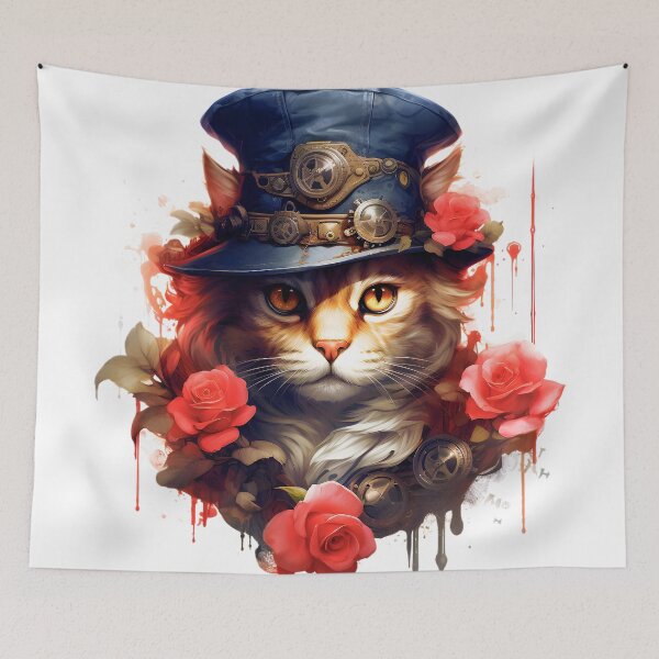 Item preview, Steampunk Cat With Blue Hat, Gears And Roses designed and sold by DEC02.