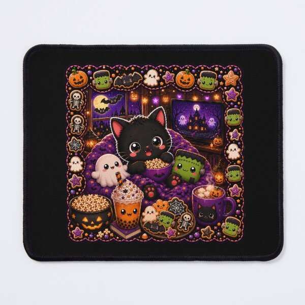 Item preview, Cute Halloween Movie Night Black Cat Ghost Frankenstein Cozy Autumn Kawaii Pumpkin Popcorn Boba Shirt designed and sold by ALH Apparel.