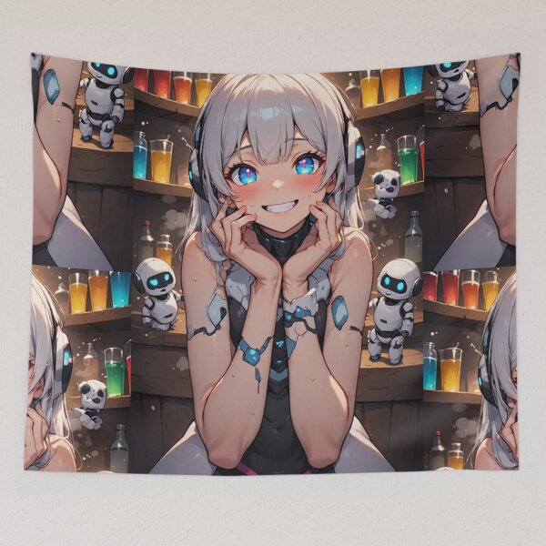 Item preview, Cheerful anime android girl and small robots designed and sold by ArtsJulian.