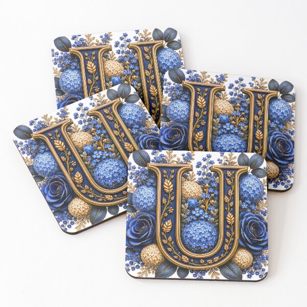 Item preview, Elegant Letter U Monogram with Blue Hydrangeas & Gold Botanical Design | Luxury Floral Initial Art designed and sold by MoodLay.