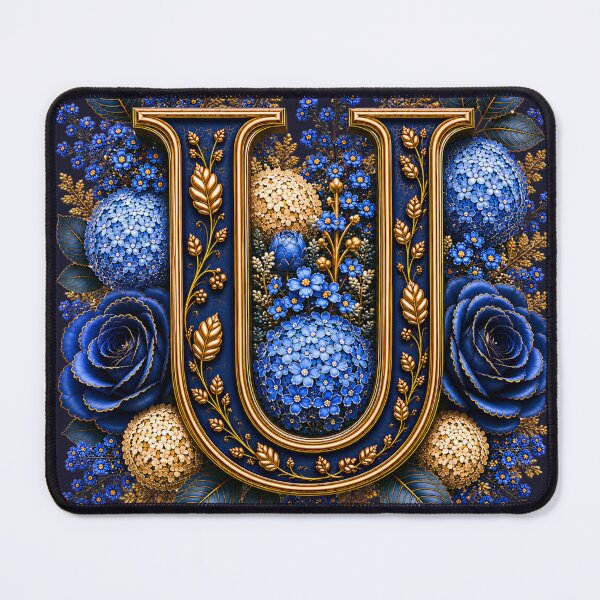 Artikelvorschau, Elegantes Monogramm des Buchstabens U mit blauen Hortensien und goldenem botanischem Design | Luxuriöse florale Initialen-Kunst entworfen und verkauft von MoodLay.