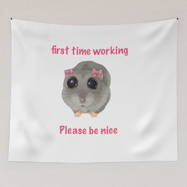 Item preview, First Time Working, Please Be Nice | Cute Hamster Meme Sticker designed and sold by SoftPawsAtelier.