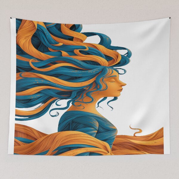 Item preview, The Dance of Celestial Hair, Cosmic Woman with Flowing Hair - Blue and Orange Illustrative Art on a Starry Background designed and sold by RAYBIL.