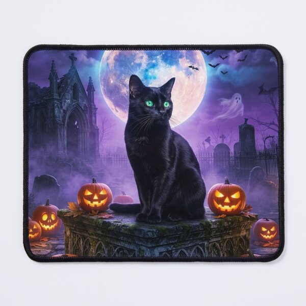 Item preview, Bombay Black Cat Halloween – Spooky Graveyard Guardian Under the Full Moon designed and sold by Ghostlycats2026.