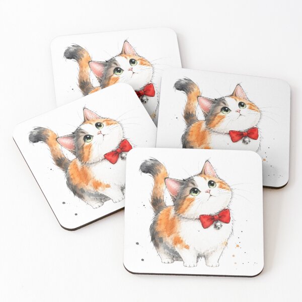 Item preview, Cute Calico Cat with Red Bow | Curious Kitten Watercolor Illustration designed and sold by Natalia-Vlad.