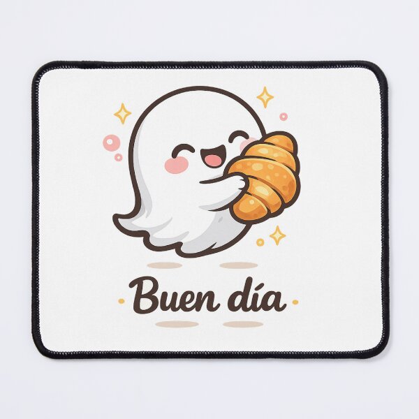 Item preview, Buen Día Cute Ghost with Croissant | Kawaii Spanish Breakfast Sticker designed and sold by BlackBoneArt.