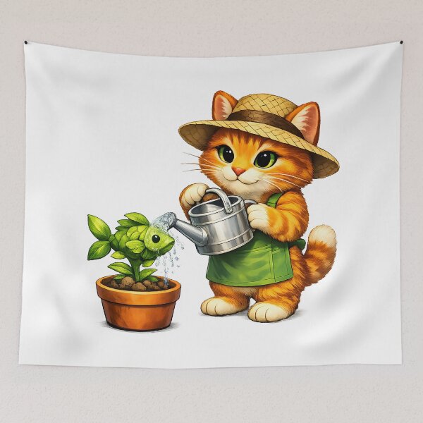 Item preview, Orange Tabby Gardener Watering a Fish Plant designed and sold by builtforyou.