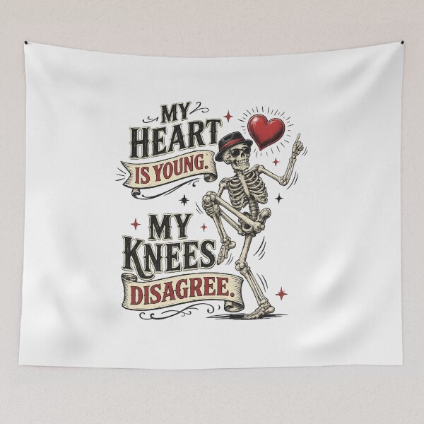 Item preview, My Heart Is Young My Knees Disagree Funny Skeleton Design | Vintage Aging Humor | Still Got It Collection designed and sold by SoulThread Studio.