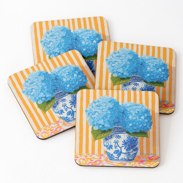 Item preview, Blue hydrangea on orange cabana stripes designed and sold by SophieClimaArt.