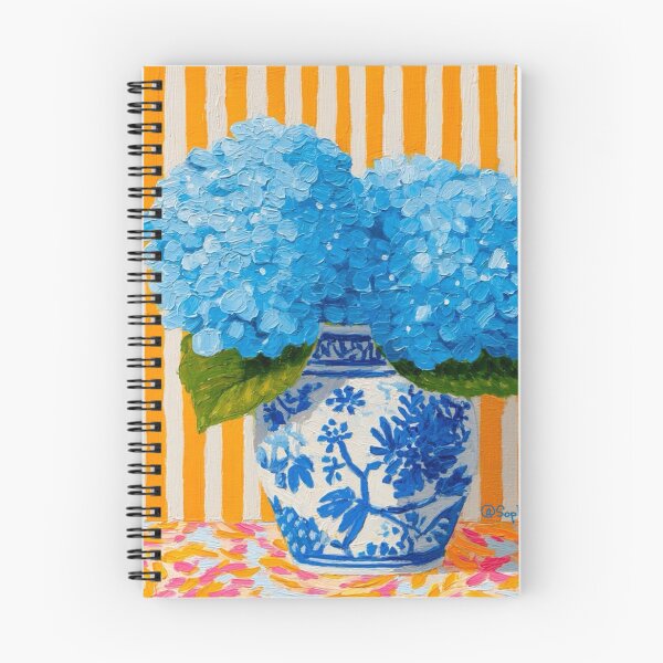 Item preview, Blue hydrangea on orange cabana stripes designed and sold by SophieClimaArt.