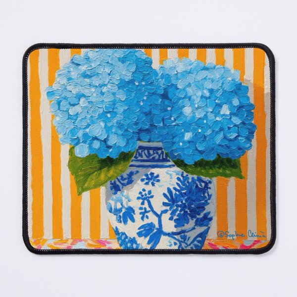 Item preview, Blue hydrangea on orange cabana stripes designed and sold by SophieClimaArt.