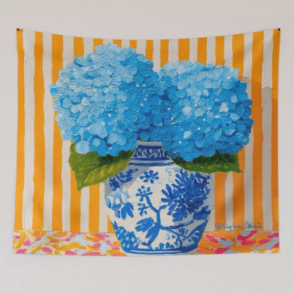 Item preview, Blue hydrangea on orange cabana stripes designed and sold by SophieClimaArt.