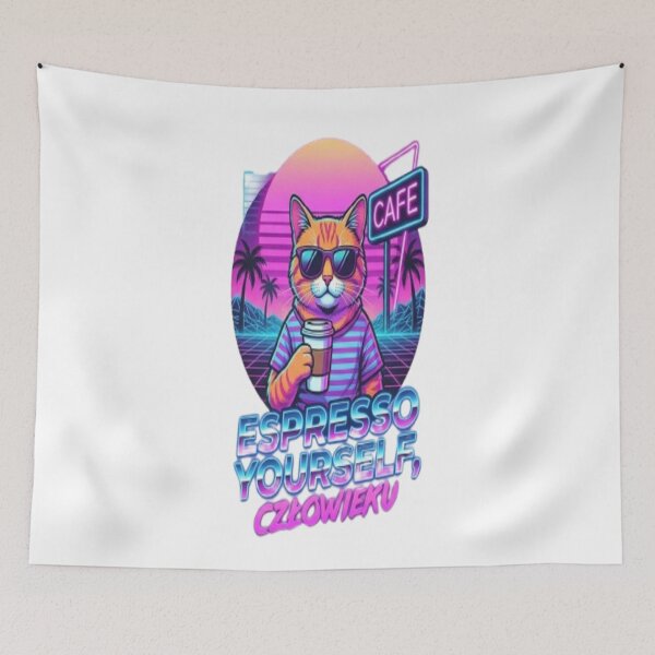 Item preview, Retro Synthwave Cat Coffee - Espresso Yourself designed and sold by Kreativio.