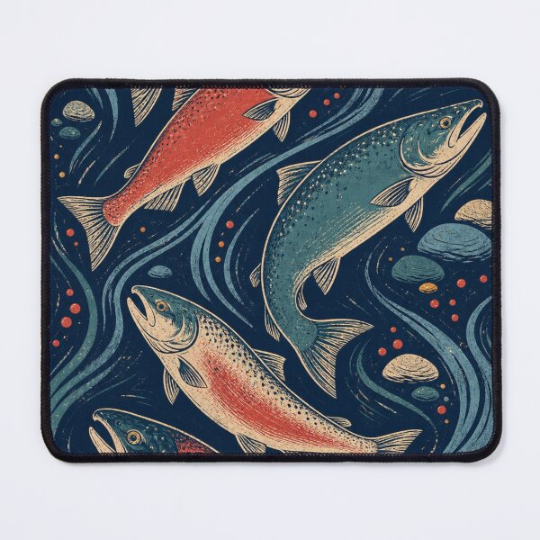 Item preview, Pacific Salmon Upstream River Linocut Pattern designed and sold by WesternCustoms.