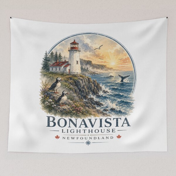 Item preview, Bonavista Lighthouse Newfoundland Canada Vintage Watercolor Travel Shirt | Retro Coastal Atlantic Puffins Whale Adventure Design designed and sold by Globalcitytees.
