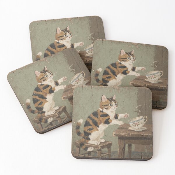 Item preview, Calico Cat Knocking a Cup Off the Table Folk Art designed and sold by PictorialWhimsy.