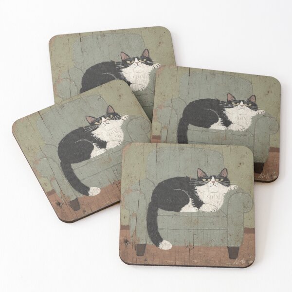 Item preview, Tuxedo Cat Hogging the Whole Armchair Folk Art designed and sold by PictorialWhimsy.