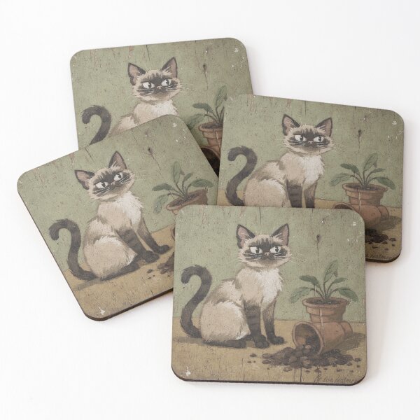 Item preview, Siamese Cat Beside a Toppled Houseplant Folk Art designed and sold by PictorialWhimsy.