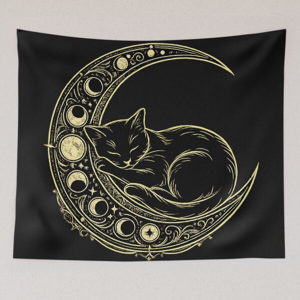 Item preview, Sleeping Black Cat on Crescent Moon | Halloween Witchy Decor | Vintage Gold Line Art designed and sold by Andreza NativeHue Oficial.