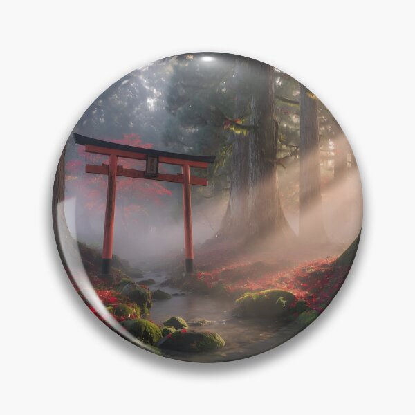 Item preview, Sunlit Japanese Forest Shrine Gate – Peaceful Autumn Stream Nature Landscape designed and sold by DreamyWallVibes.