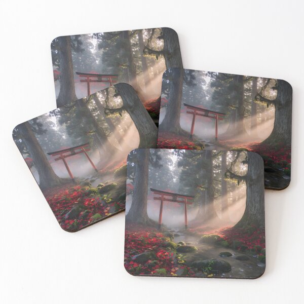Item preview, Sunlit Japanese Forest Shrine Gate – Peaceful Autumn Stream Nature Landscape designed and sold by DreamyWallVibes.