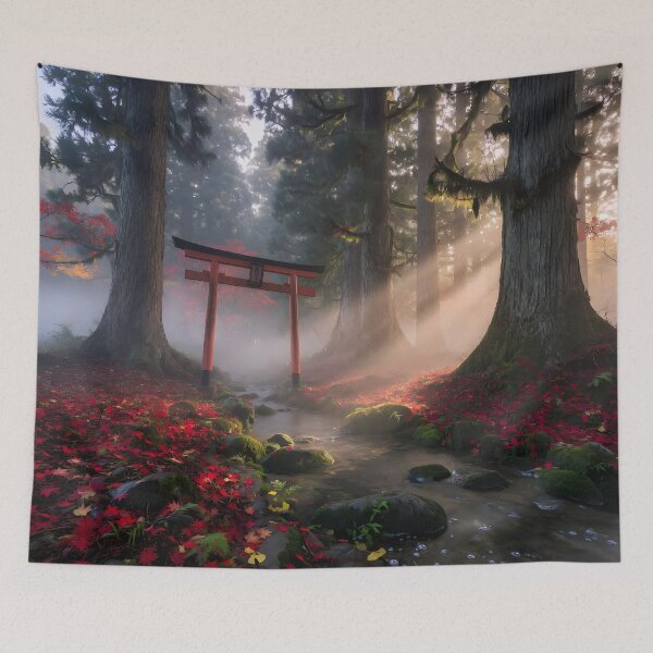 Item preview, Sunlit Japanese Forest Shrine Gate – Peaceful Autumn Stream Nature Landscape designed and sold by DreamyWallVibes.
