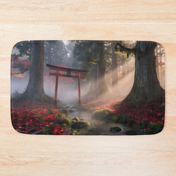 Item preview, Sunlit Japanese Forest Shrine Gate – Peaceful Autumn Stream Nature Landscape designed and sold by DreamyWallVibes.