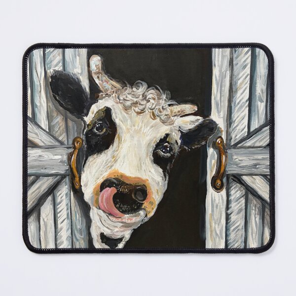 Item preview, Ellington black & white cow head in a white barn farm style acrylic original painting designed and sold by Paintingladycat.