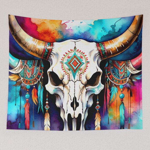 Item preview, Southwest Native American Bull Skull Colorfully Adorned Design designed and sold by DEC02.
