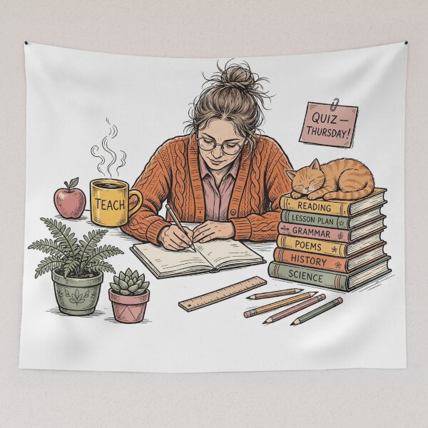 Item preview, Retro Groovy Teacher Desk Cozy Bookish Teacher Fall designed and sold by Yellowriversss.