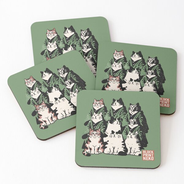 Item preview, Traditional Block Print Neko Green Kimono Cats designed and sold by EdvvinStudios.