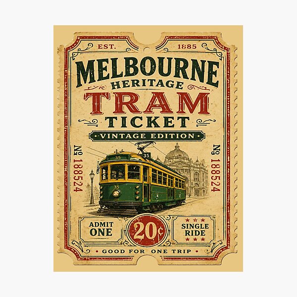 Artikelvorschau, Melbourne Heritage Straßenbahnticket Vintage Edition | Retro-Design für Ihre Straßenbahnreise durch Melbourne, Australien entworfen und verkauft von Globalcitytees.