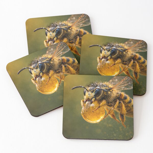 Item preview, Macro photograph of a wasp with a golden drop of honey designed and sold by Fotografin1981.