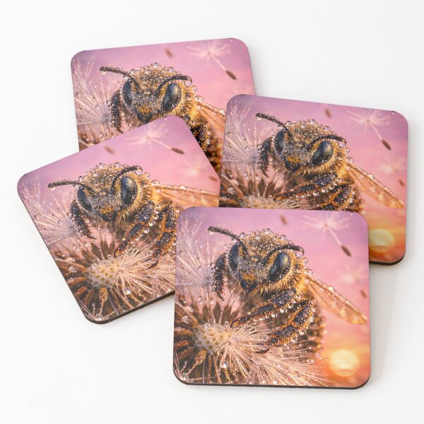 Item preview, Bee with water droplets on a dandelion at sunset designed and sold by Fotografin1981.