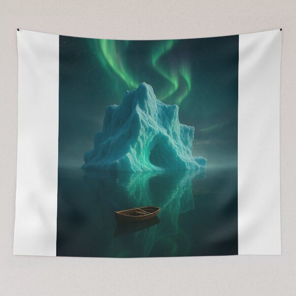 Item preview, Luminous iceberg and wooden boat under magical northern lights designed and sold by Fotografin1981.