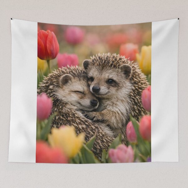 Item preview, Two cuddly hedgehogs in a colorful tulip field in spring designed and sold by Fotografin1981.