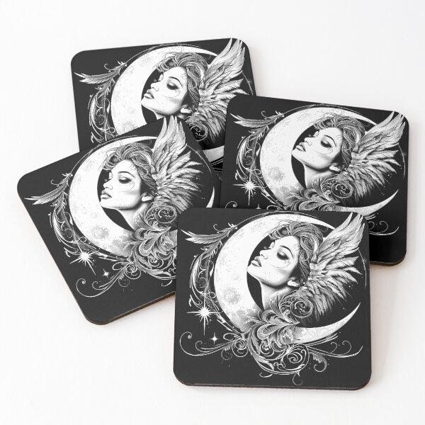 Item preview, Celestial Moon Angel with Wings Fantasy Art designed and sold by inkoutninja.