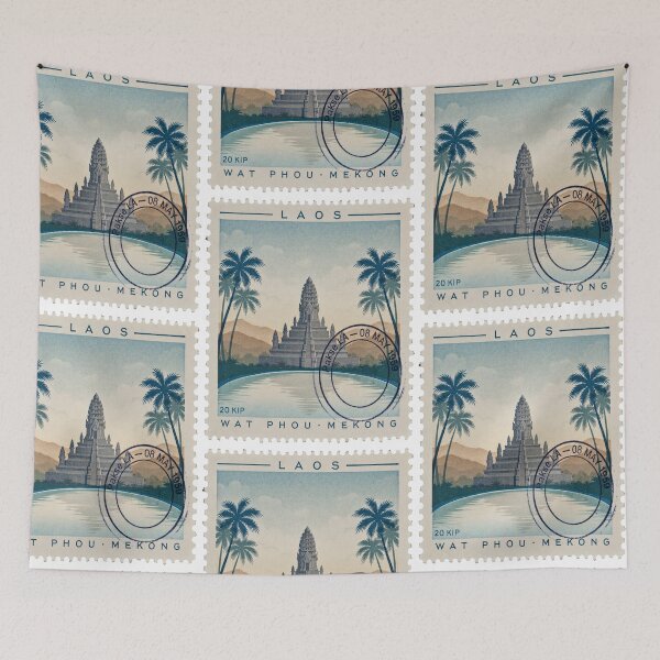 Item preview, Pakse Laos Wat Phou Mekong River Stamp Sticker designed and sold by stickercuffs.