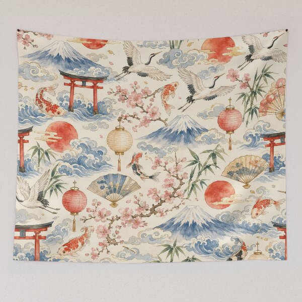 Item preview, Elegant Japanese Watercolor Seamless Pattern with Fuji Cranes and Koi designed and sold by WangAew.