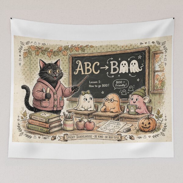 Item preview, Spooky Schoolhouse Black Cat Teacher ABC Boo Ghost Students designed and sold by Yellowriversss.