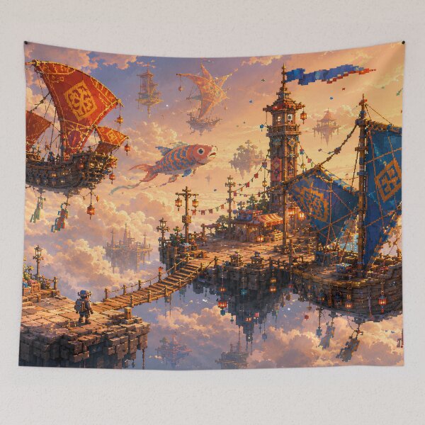 Item preview, Sunset Sky Harbor of Flying Fish Ships designed and sold by pixelpopplanet.
