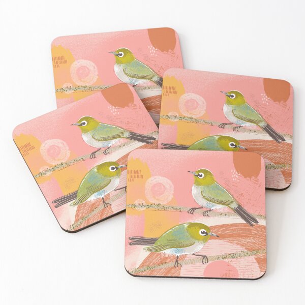 Item preview, Couple of silvereye birds against a warm abstract background designed and sold by bee-denham-art.